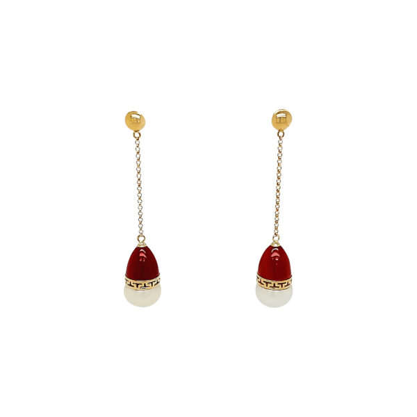 WHITE PEARL AND RED JADE EARRINGS