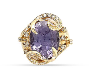 PURPLE COPPER BEARING TOURMALINE AND DIAMOND RING
DESIGNER ONE ONLY
6.40 CT PURPLE TOURMALINE
.65 CTTW VS DIAMONDS
18KY  SIZE 7