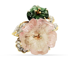 ESTATE CUSTOM RING
CARVED TOURMALINE, ROSE QUARTZ, AND DIAMOND RING
14KY SIZE 6
.70 CTTW DIAMONDS
