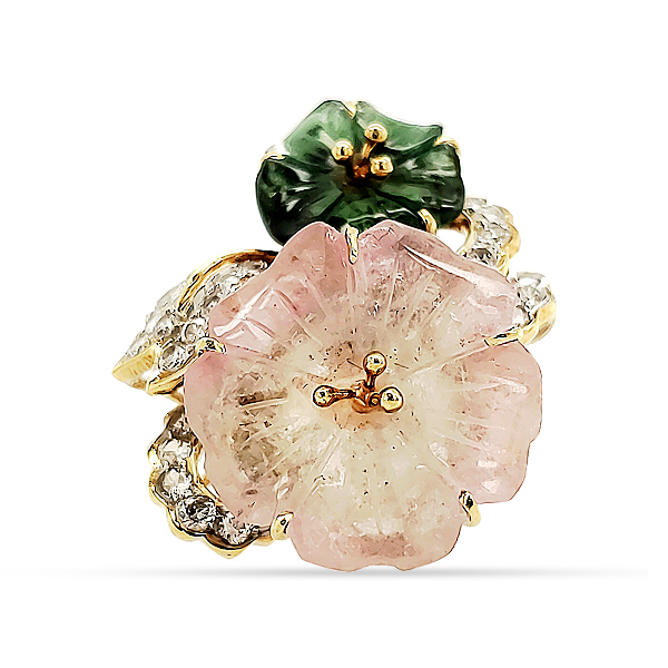 Estate Carved Tourmaline, Rose Quartz, And Diamond Custom Ring