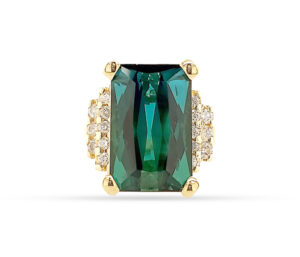 INDICOLITE TOURMALINE AND DIAMOND RING
7.65 CT INDICOLITE TOURMALINE
.45 CTTW SI DIAMONDS
14KY   SIZE 8