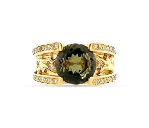 TYPE M TOURMALINE AND DIAMONDS
(MOZAMBIQUE)
9MM ROUND TOURMALINE
.30CTTW DIAMONDS
18KY SIZE 7.5