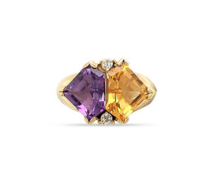 AMETHYST, CITRINE AND DIAMONDS
SPECIAL CUT
1.80 CT AMETHYST
1.80CT CITRINE
.08 CTTW DIAMONDS
18KY  SIZE 8