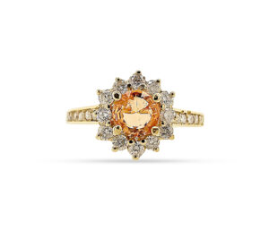MANDARIN GARNET AND DIAMOND RING
1.50CT MANDARIN GARNET
.60 CTTW SI DIAMONDS
14KY  SIZE 7.5