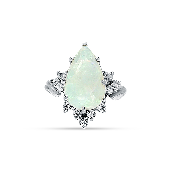 ESTATE AUSTARALIAN OPAL AND DIAMOND RING
Circa 1950's
Lightining Ridge Opal 3.00 CT Pear Shape
.25 cttw Diamonds
18KW
Size 5.5