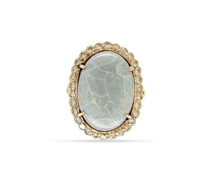AUSTRALIAN OPAL AND DIAMOND RING
16 X 10 MM OPAL
CUSTOM MADE 
14KT ROSE GOLD
ESTATE
SIZE 6.5
