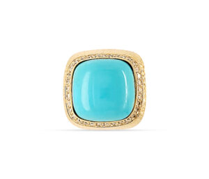 ESTATE NATURAL PERSIAN TURQUOISE AND DIAMOND RING
12MM X 12MM TURQUOISE
.50 CTTW DIAMONDS
18KY  RING WEIGHT 15.7 GRAMS
SIZE 8