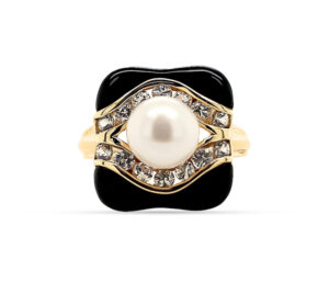 PEARL WITH WITH WHITE SAPPHIRE AND ONYX RING
14KY
6 MM PEARL
SIZE 7