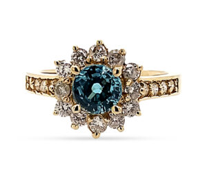 BLUE ZIRCON 1.90CT, .75CTTW SI DIAM, 14KY  SZ 7.5