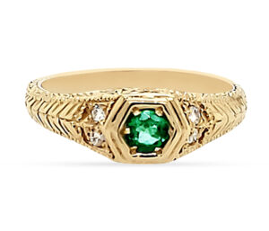 EMERALD CENTER STONE, DIAMOND ACCENTS, ENGRAVED GOLD