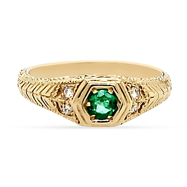EMERALD CENTER STONE, DIAMOND ACCENTS, ENGRAVED GOLD