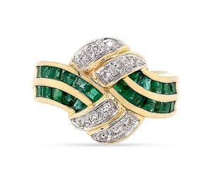 CHANNEL SET EMERALDS AND DIAMOND ACCENTS, 18KY HALLMARK F.G.P.