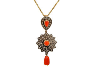 CORAL AND DIAMOND PENDANT AND EARRINGS 
1.36CTTW DIAMONDS 
18K/SS 
SOLD AS SET 
1.75" APPROX LENGTH 
*CHAIN NOT INCLUDED