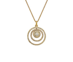 3 "CIRCLES" DIAMOND PENDANT 
.46CT SI DIAMOND CENTER 
.80CT VS DIAMOND ACCENTS 
18KY 
1" DIAMETER 
*CHAIN NOT INCLUDED