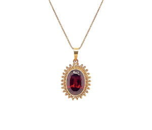 RED GARNET PENDANT 1960'S 
15.00CT RED GARNET 
18KY 
1.75" APPROX LENGTH 
CUSTOM MADE 
*CHAIN NOT INCLUDED