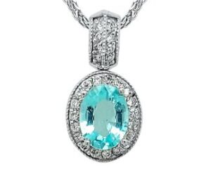 PARAIBA TOURMALINE AND DIAMOND PENDANT 
1.20CT PARAIBA TOURMALINE 
.25CTTW VS DIAMONDS 
18KW 
.75 APPROX LENGTH 
*CHAIN NOT INCLUDED