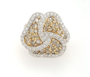 1.25 CT CHAMPAGNE DIAMOND, 
.52 CTTW WHITE DIAMOND. 14KY 
SIZE 7.25