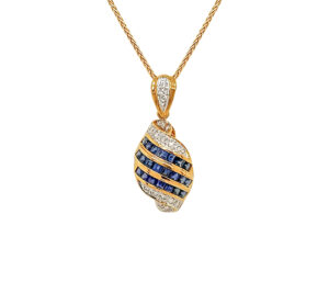 SAPPHIRE AND DIAMOND    PENDANT/ENHANCER 
1.09CTTW BLUE SAPPHIRE 
.12 CTTW DIAMONDS 
1" APPROX LENGTH 
*CHAIN NOT INCLUDED