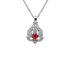 BURMA RUBY AND DIAMOND PENDANT 
.70CT BURMA RUBY 
.20CTTW SI DIAMONDS 
14KW 
1" APPROX LENGTH 
*CHAIN NOT INCLUDED