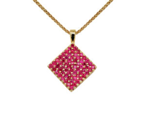 BURMA RUBY PENDANT 
1.30CTTW RUBY 
14KY 
.75" APPROX LENGTH 
*CHAIN NOT INCLUDED