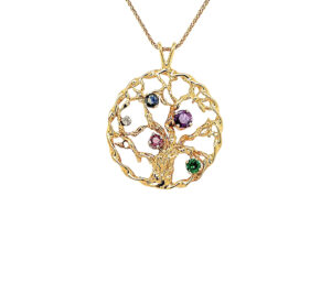 TREE OF LIFE PENDANT 
MULTI GEMSTONE 
1.50CTTW 
DIAMOND 
EMERALD 
RUBY 
SAPPHIRE 
AMETHYST 
14KY 
6.9GM 
1.25" APPROX DIAMETER 
*CHAIN NOT INCLUDED