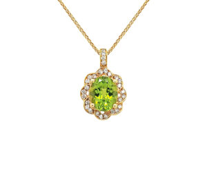 PERIDOT AND DIAMOND PENDANT 
3.50CT PERIDOT 
.35CT VS DIAMONDS 
18KY 
.75" APPROX LENGTH 
*CHAIN NOT INCLUDED