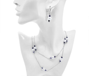 PEARL AND AMETHYST NECKLACE AND EARRING SET 
7.5-8MM PEARLS 
3MM AMETHYST 
36" APPROX LENGTH 
LEVER BACK DANGLE EARRINGS
SS