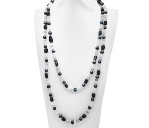 PEARL, PREHNITE AND SMOKEY QUARTZ NECKLACE 
58" CONTINUOUS STRAND 
7MM BLACK PEARL 
7 X 9 MM  SMOKEY QUARTZ 
4 X 7 PREHNITE