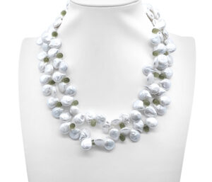 PEARL AND PERIDOT NECKLACE
12-13MM WHITE COIN PEARLS 
6MM APPROX PERIDOT
DOUBLE STRAND 
18" APPROX LENGTH
14KY TOGGLE CLASP