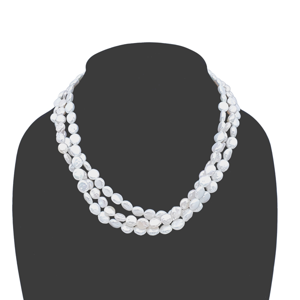 COIN PEARL NECKLACE 3 STRAND WHITE AND PEACHY PINK COIN PEARL