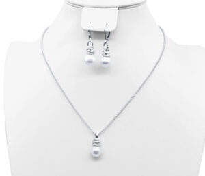 PEARL NECKLACE AND EARRING SET 
8MM WHITE PEARL 
18"-20" APPROX LENGTH WITH EXTENDER 
LEVER BACK DANGLE EARRINGS
SS RHODIUM PLATED