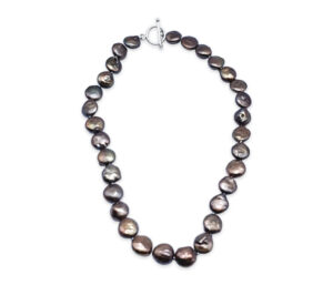 BAROQUE CHOCOLATE COIN PEARL NECKLACE 
12-12.5MM PEARL 
18" APPROX LENGTH 
SS TOGGLE CLASP