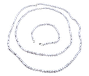 PEACHY PINK PEARL NECKLACE AND BRACELET SET 
4-4.5MM PEARL 
24" APPROX LENGTH NECKLACE AND
18" APPROX LENGTH NECKLACE 
7" BRACELET
SS RHODIUM PLATED CLASP