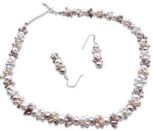 PEARL AND EARRING SET 
PINK,PEACH AND WHITE PEARLS
7MM WHITE PEARL ROUNDS
18-20" APPROX LENGTH 
DANGLE EARRINGS WITH SHEPHERDS HOOKS
SS RHODIUM PLATED CLASP