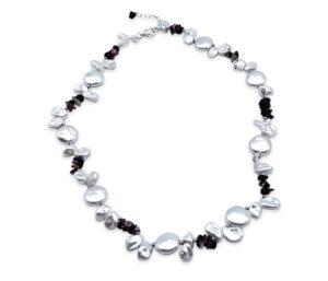 TOURMALINE AND PEARL NECKLACE 
10MM COIN PEARL 
WHITE KESHI
MULTICOLOR TOURMALINE
18" APPROX LENGTH