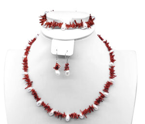 RED CORAL AND PEARL NECKLACE, BRACELET AND EARRING SET 
9X7MM RED CORAL 
8X4MM PEARL
18" APPROX LENGHT NECKLACE
7.5" BRACELET
DANGLE DROP EARRINGS
