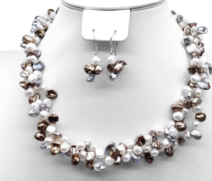 MULTI PEARL NECKLACE AND EARRING SET 
GRAY, WHITE, AND CHOCOLATE 
3 STRAND
18" APPROX LENGTH
SS RHODIUM PLATED TOGGLE CLASP 
EARRINGS WITH SHEPHERDS HOOK
SS RHODIUM PLATED