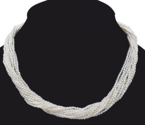 PEARL NECKLACE AND BRACELET SET 
15 STRAND PEARLS
1.8-2.1MM PEARLS 
18" NECKLACE
8" BRACELET
SS RHODIUM PLATED CLASP