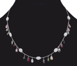 KESHI PEARL AND TOURMALINE NECKLACE 
WHITE KESHI PEARL 6-7MM
MULTI COLOR TOURMALINE 
14KY CHAIN AND CLASP
18" APPROX LENGTH