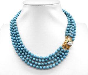 NATURAL TURQUOISE 4 STRAND CUSTOM NECKLACE
6.5MM TURQUOISE
14KY CLASP WITH PEARL
GRADUATED STRANDS 16" TO 18" APPROX LENGTH