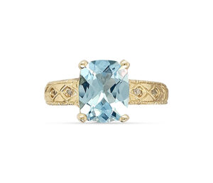 OLD MINE AQUAMARINE AND DIAMOND RING
2.40 CT AQUAMARINE RICH IN COLOR
ENGAGEMENT RING STYLE
CARVED GOLD SETTING
14KY  SIZE 7